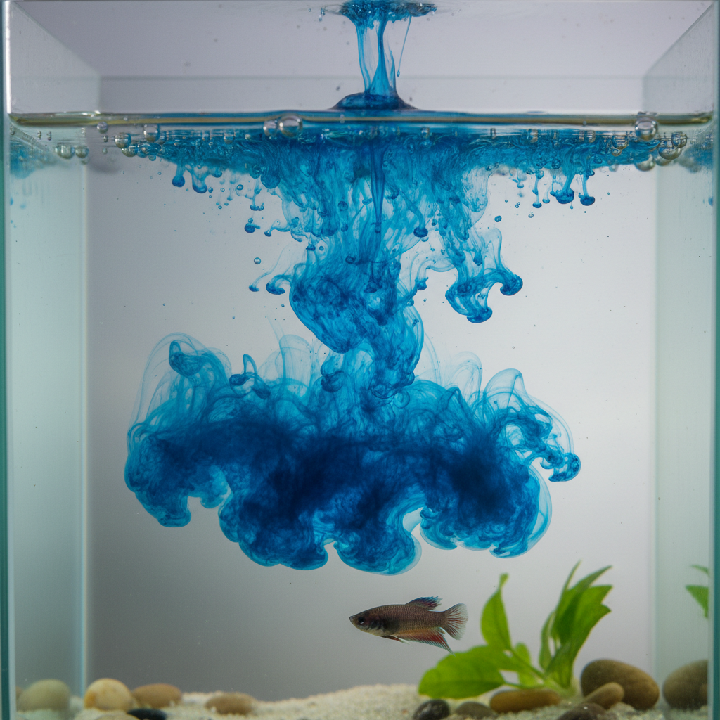 Liquid supplement drop hitting clear aquarium water blooming like ink