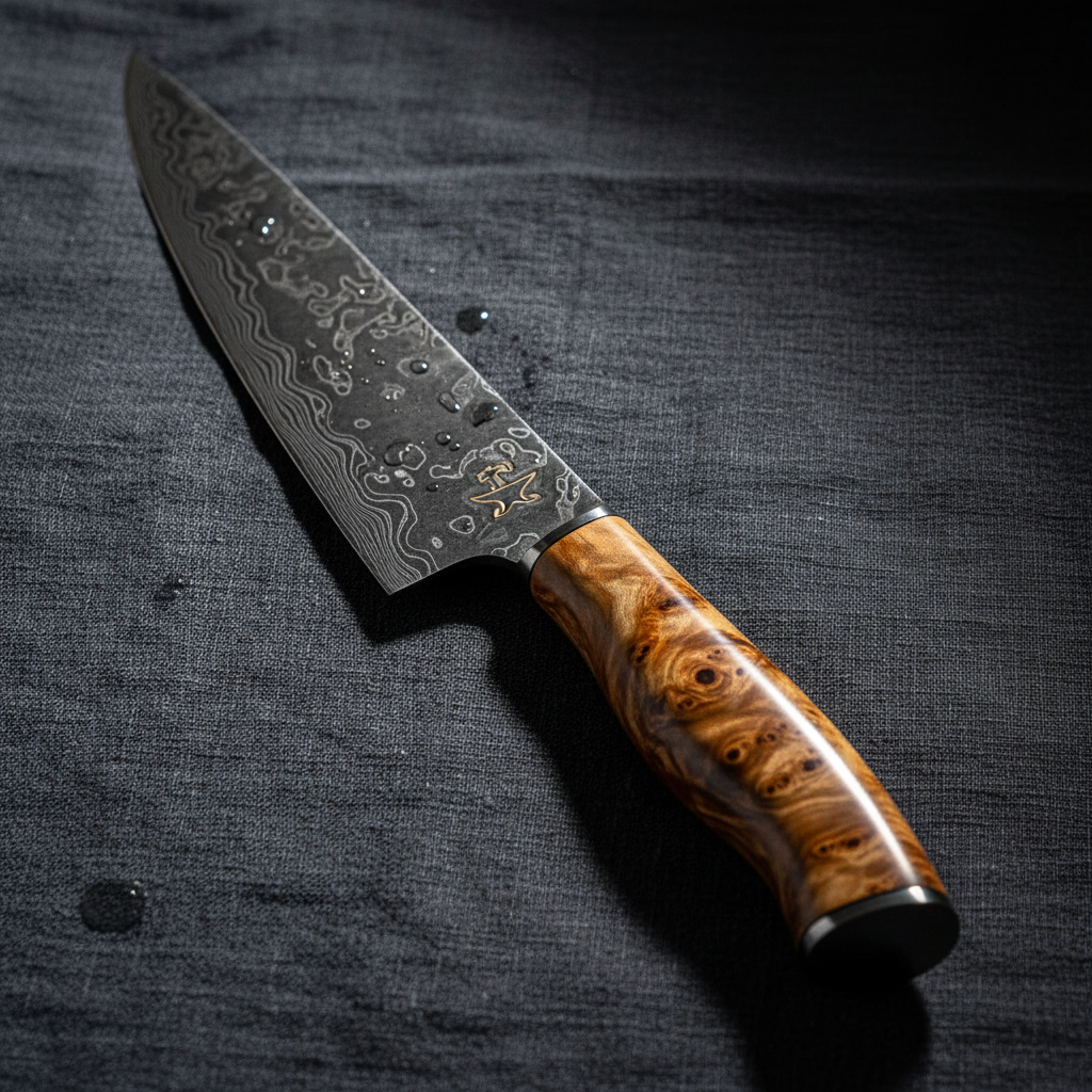 Hand-forged chef knife with stabilized maple burl handle resting on dark linen, maker mark visible on ricasso
