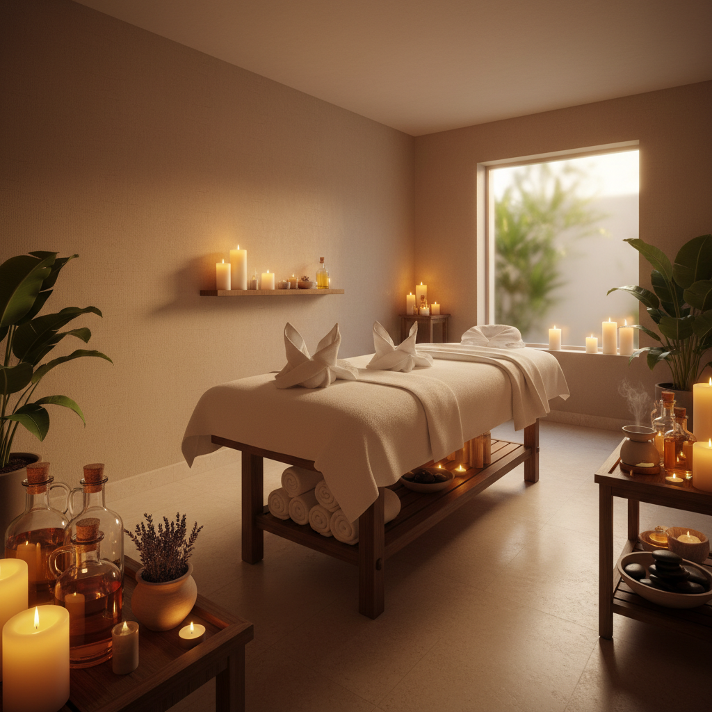 Spa treatment with warm stone massage tools on white towels, soft candlelight ambiance