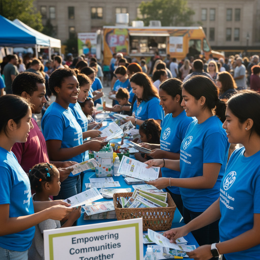 Community outreach workers in branded Joe & Jane Humanitarian Foundation t-shirts distributing information to families in Lagos