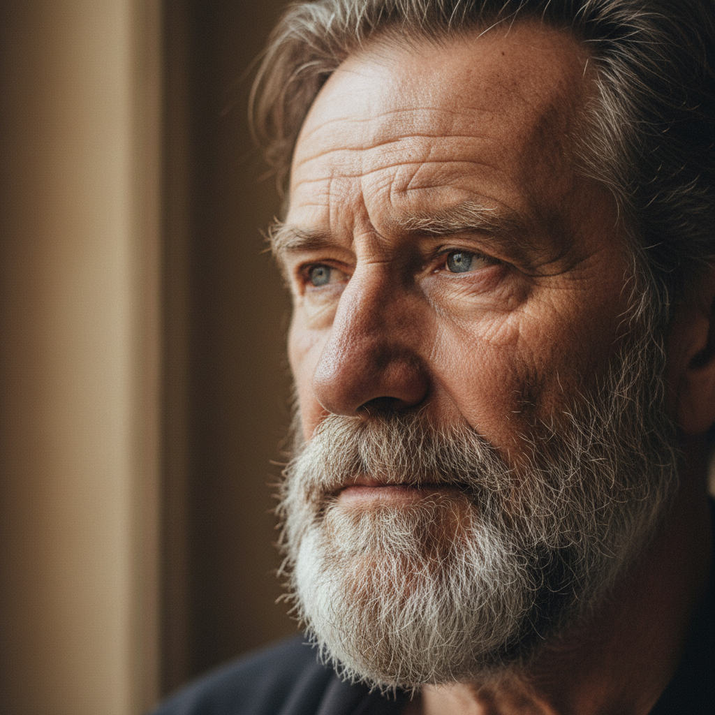 Survivor portrait, man with weathered expression