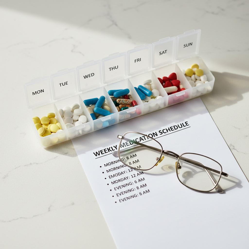 A neatly organized weekly pill organizer on a white counter, with a printed medication schedule and reading glasses beside it — representing careful medication management