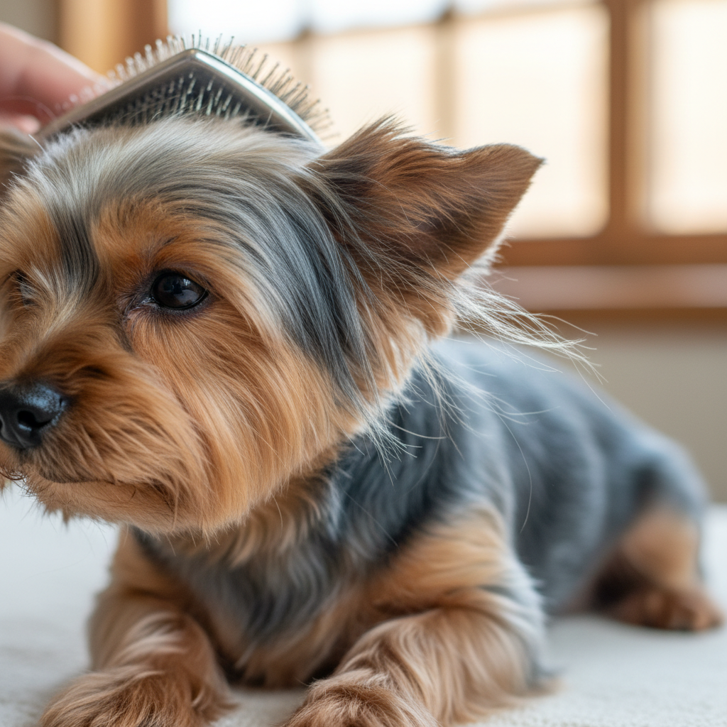 Close-up of a Yorkie's steel-blue and tan coat mid-brush session