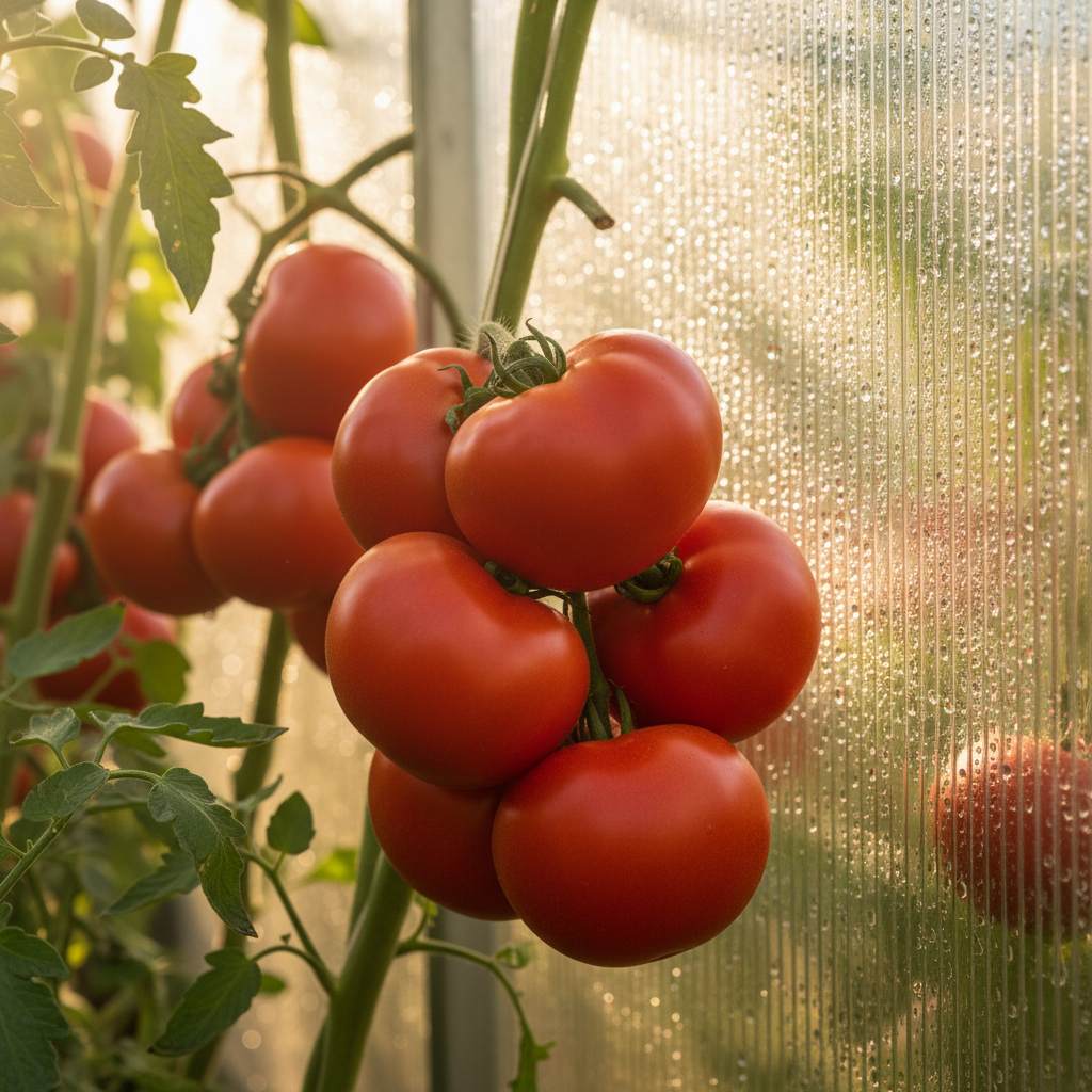 Tomato starts reaching toward polycarbonate panels beaded with condensation in summer greenhouse