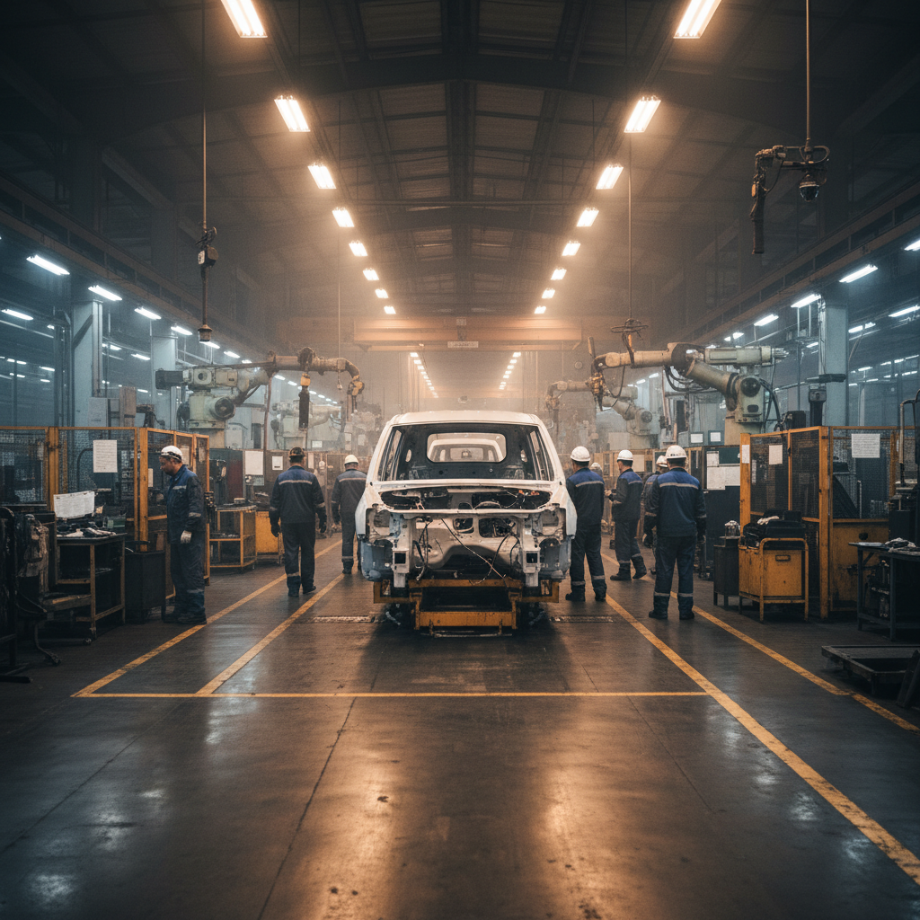 Factory floor at shift change — overhead sodium lights haze through particulate air, half-assembled vehicle body in white centered in mid-ground