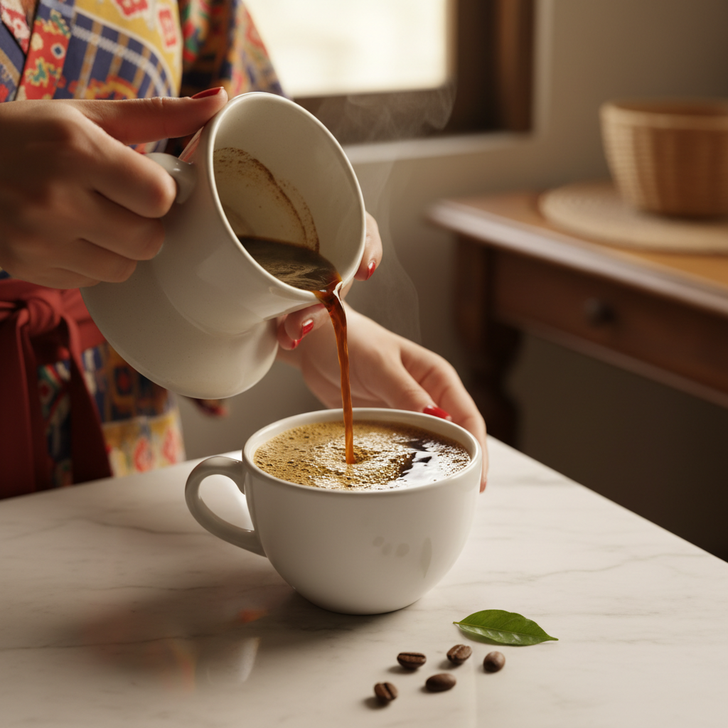 Colombian geisha pour over coffee with golden crema in a ceramic cup on a marble surface