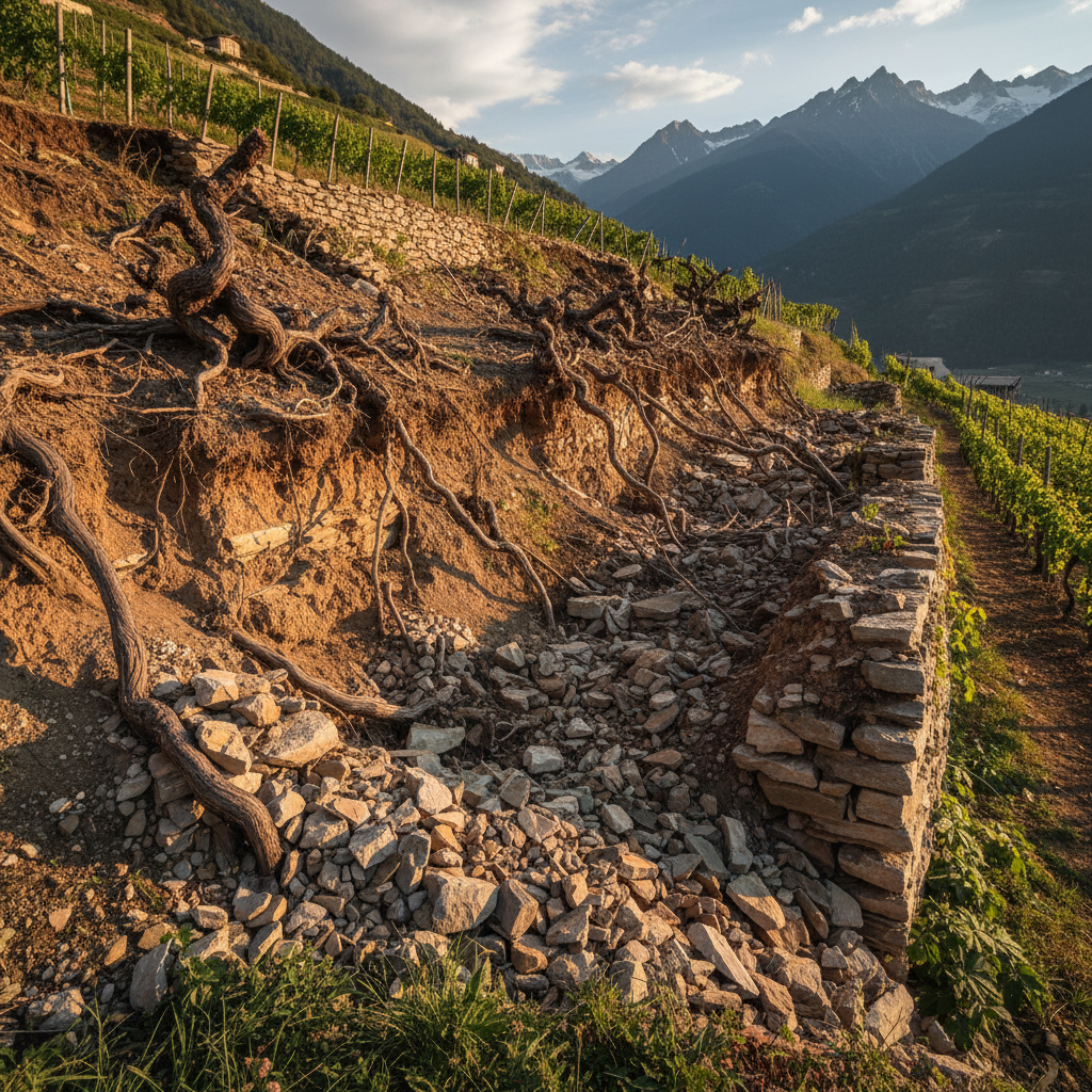 Collapsed vineyard terrace showing exposed vine roots and soil erosion on steep alpine slope