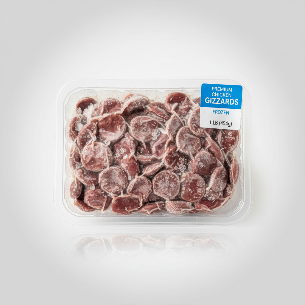 Frozen chicken gizzard in clean packaging, professional food product photography, bright background