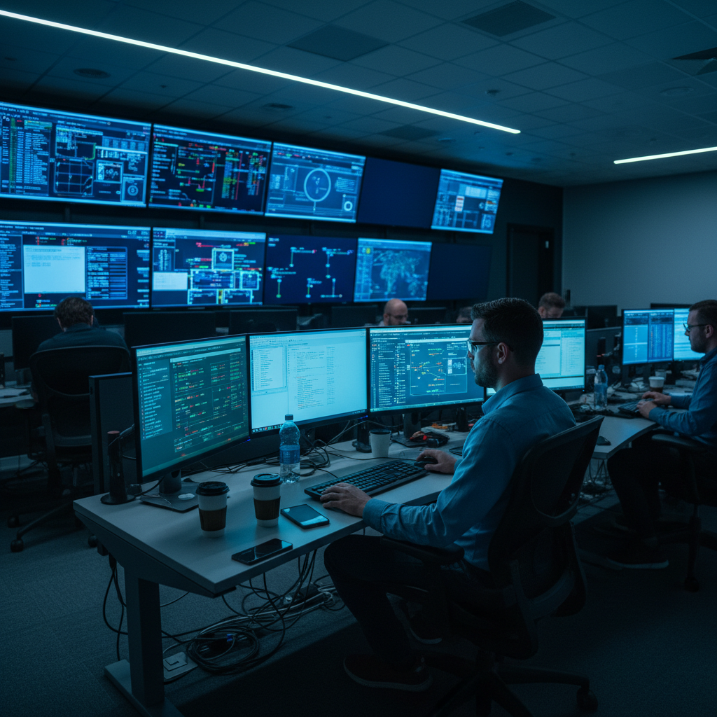 Network operations center with analysts monitoring dashboards, dim blue lighting, high-tech enterprise environment