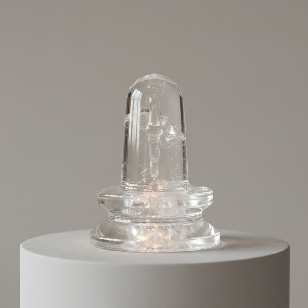 Clear crystal quartz Shivling sacred stone on dark wooden surface