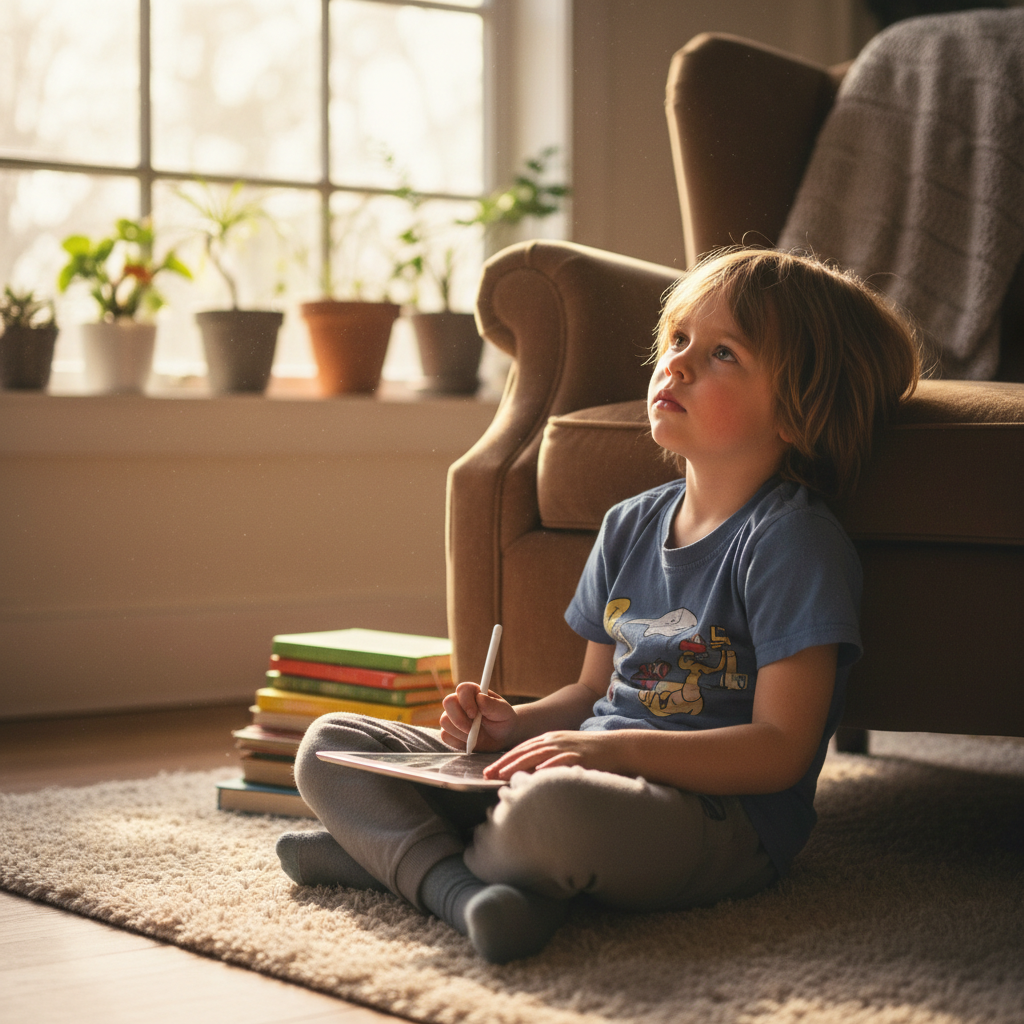Child sitting indoors looking bored, soft afternoon light