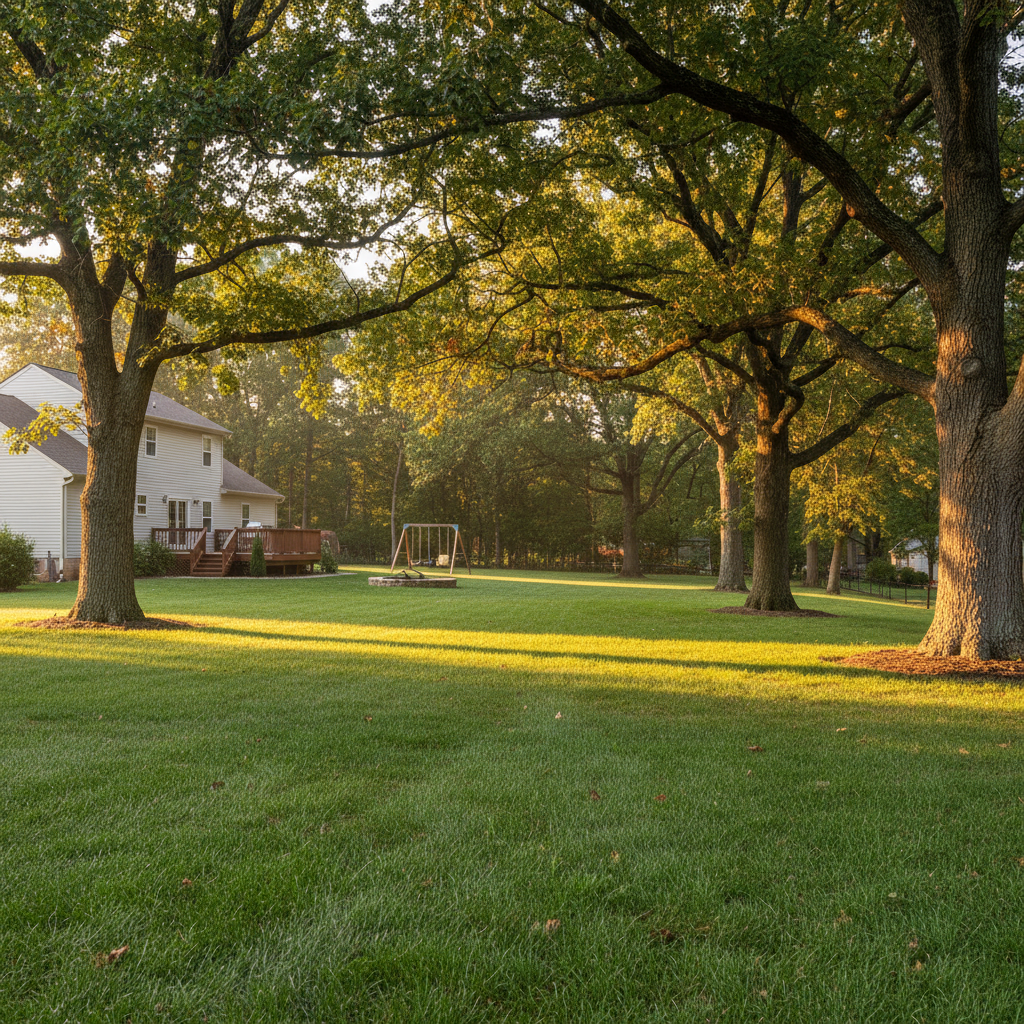 Suburban backyard in late summer with restored green lawn and mature oak trees