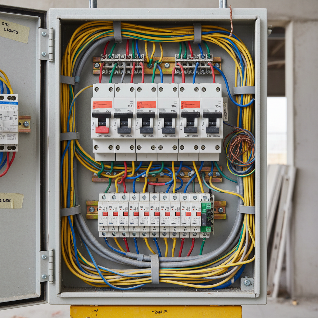Detalle de protecciones eléctricas y cableado en tablero provisional de construcción
