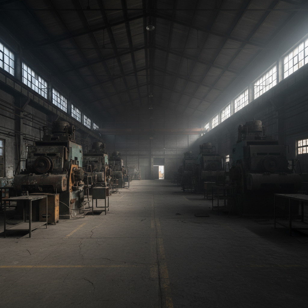 Generic factory floor with dim lighting and no press coverage — obscurity before Forge