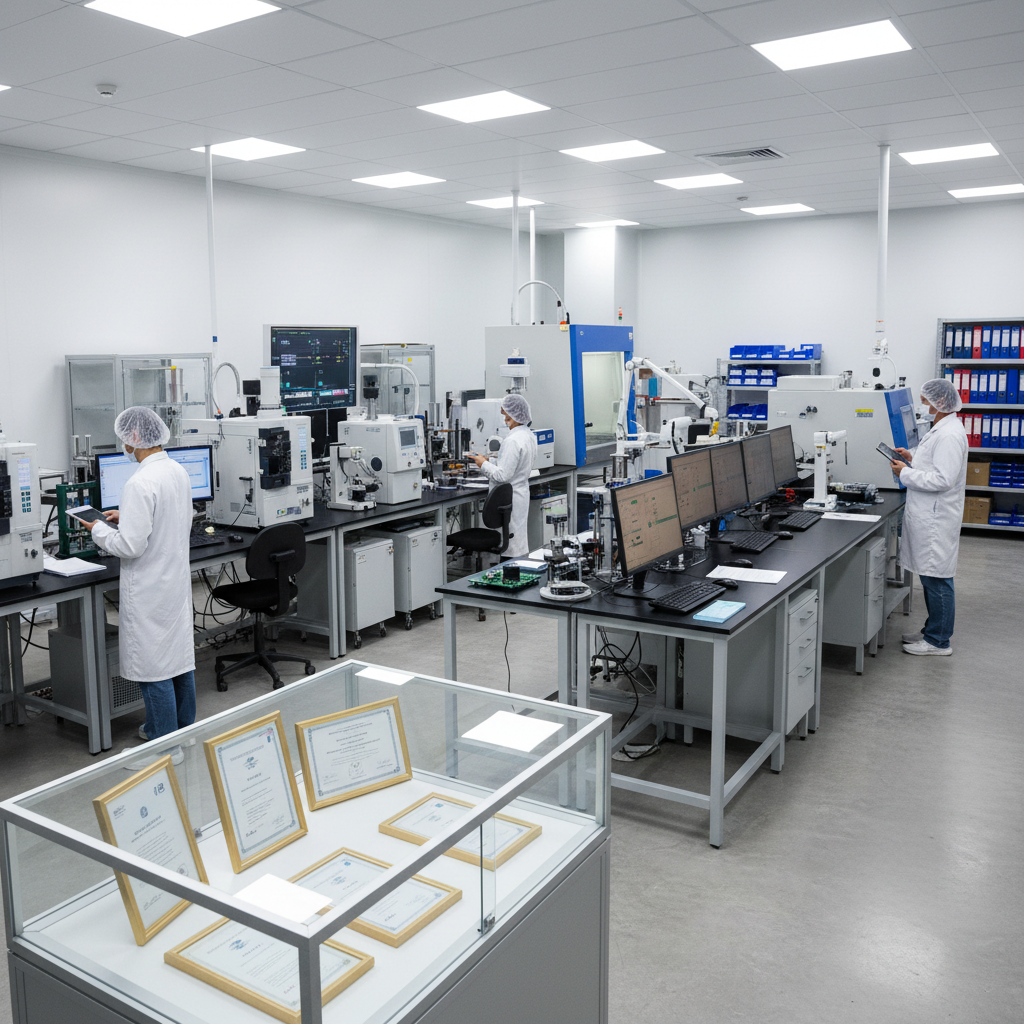 Quality control laboratory showing testing equipment and certification processes for product compliance