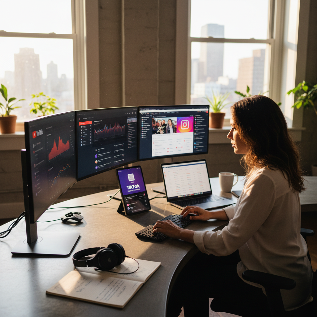 Digital marketing analytics and social media strategy planning on modern devices