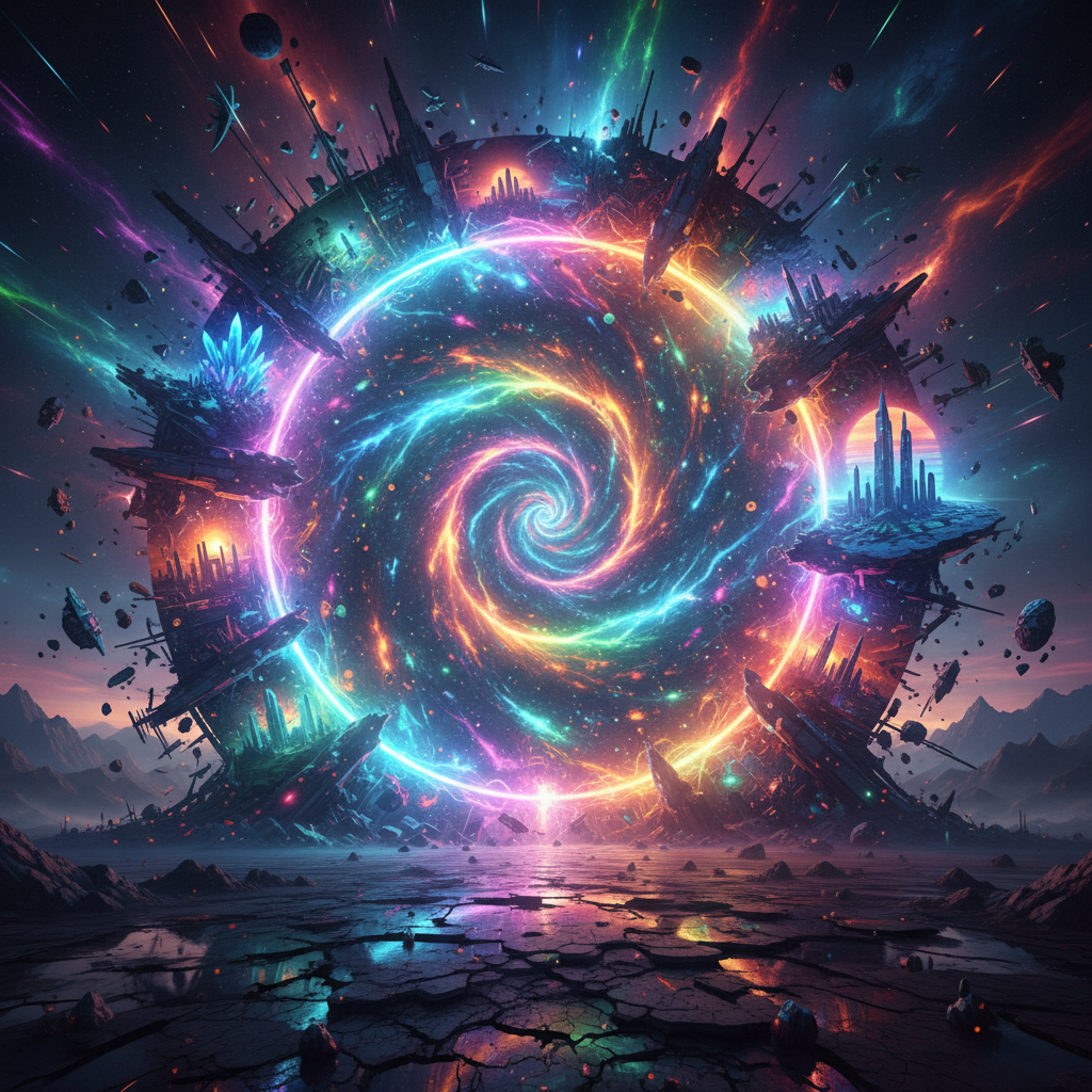 Colourful multiverse portal swirling with vibrant neon lights and fractal energy patterns in deep space