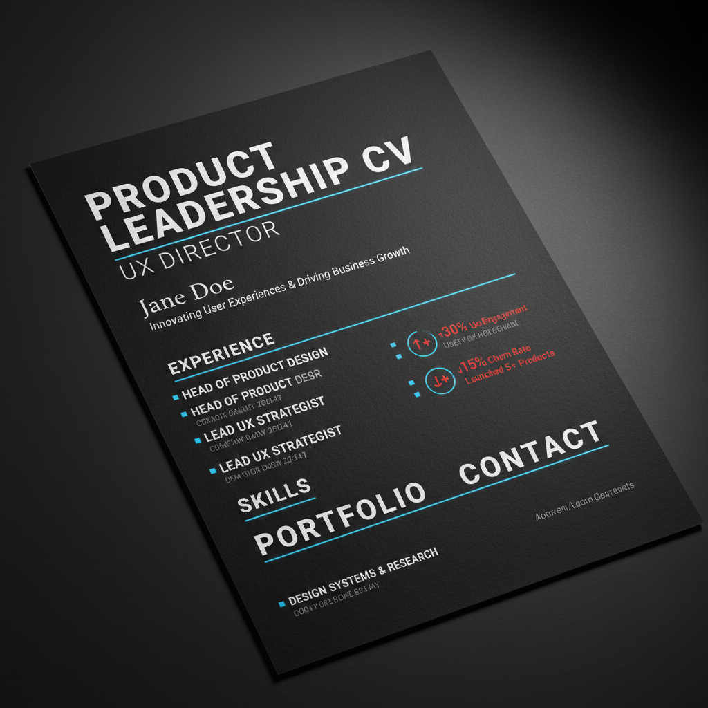 Dark-background product leadership CV for a UX director with dramatic typographic hierarchy