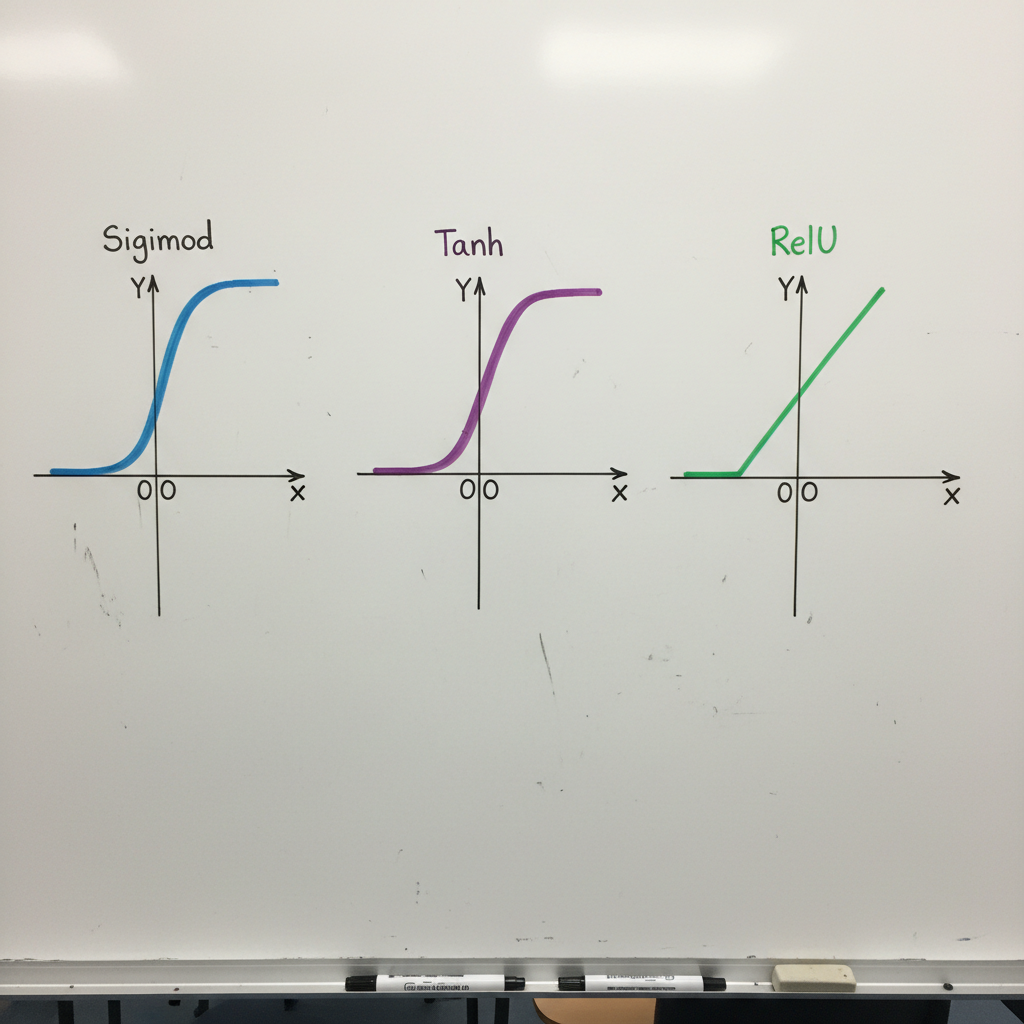 Layered neural network architecture diagram with activation functions highlighted