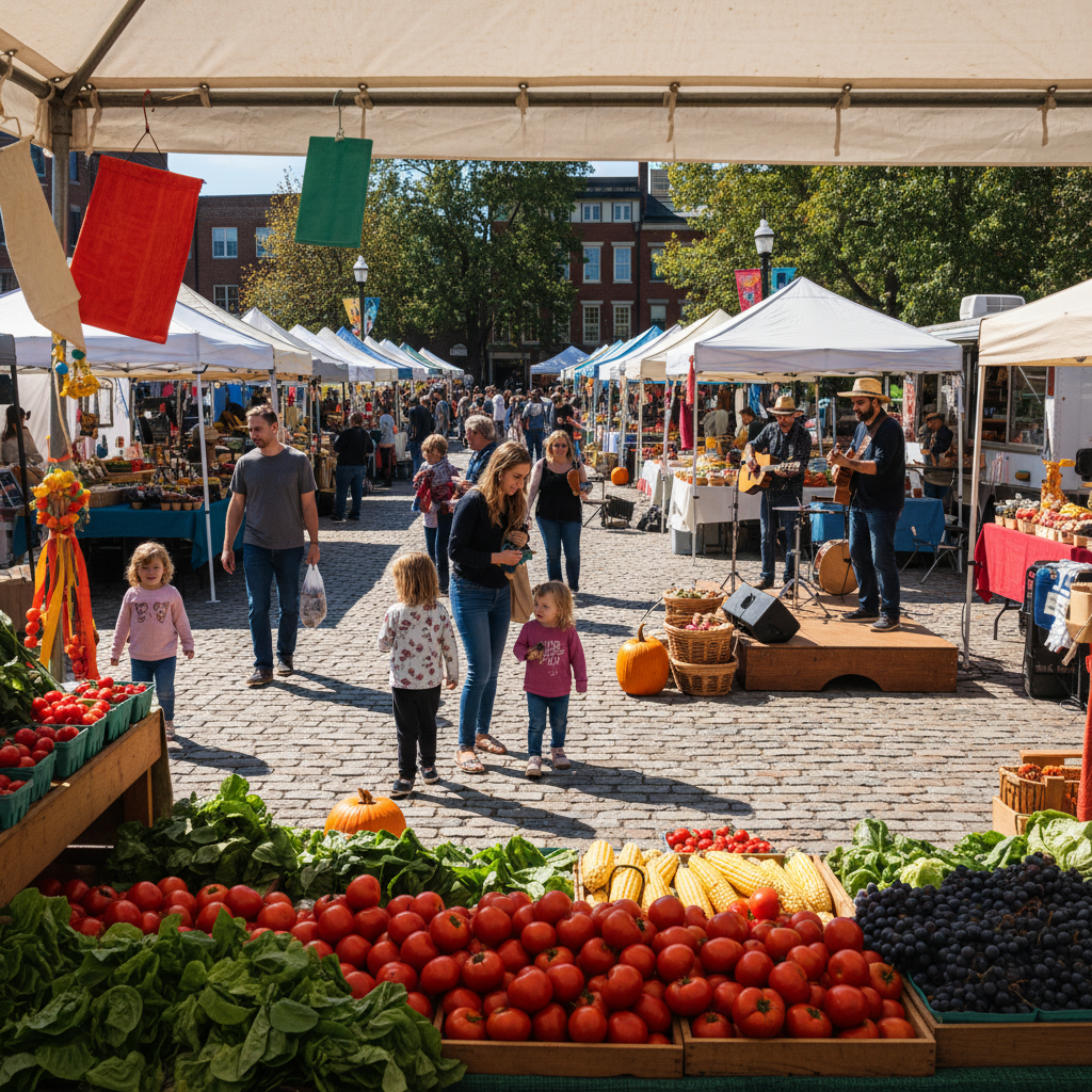 Busy weekend farmers market with colorful stalls and families browsing