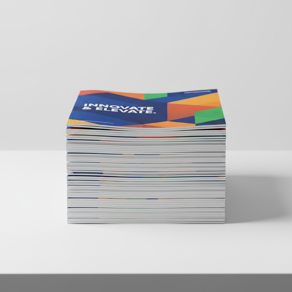 Stack of printed marketing brochures with gloss lamination finish on white surface