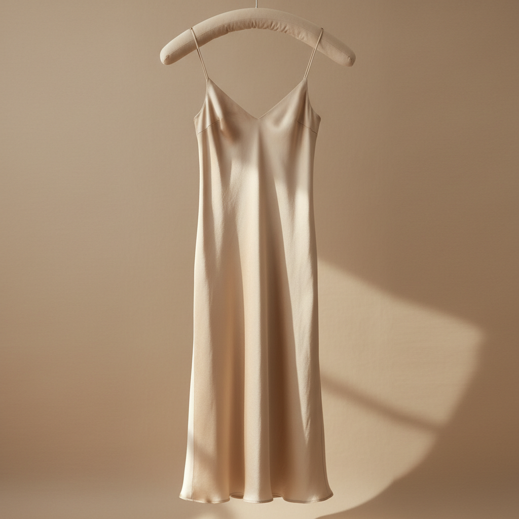 Silk slip dress on hanger, bright cream studio, soft natural light