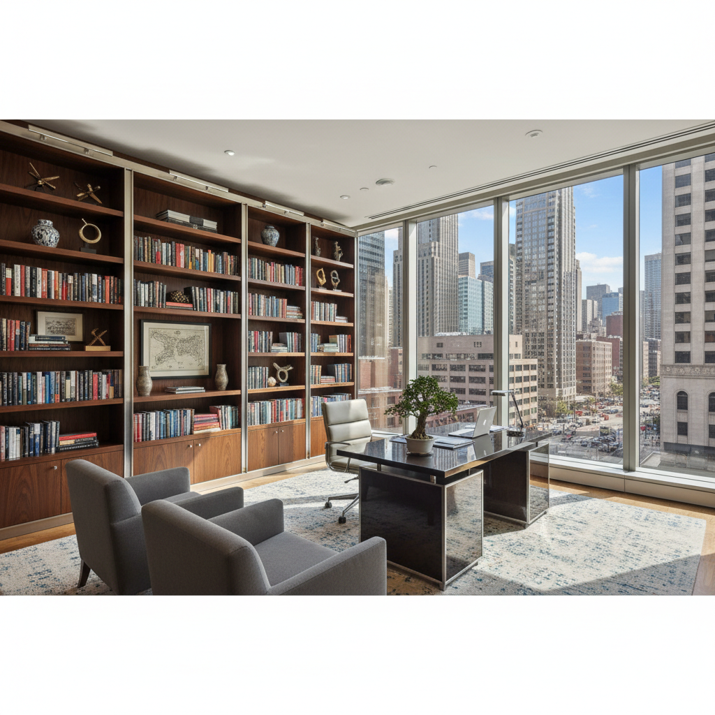 Executive suite with floor-to-ceiling bookcase and financial district view