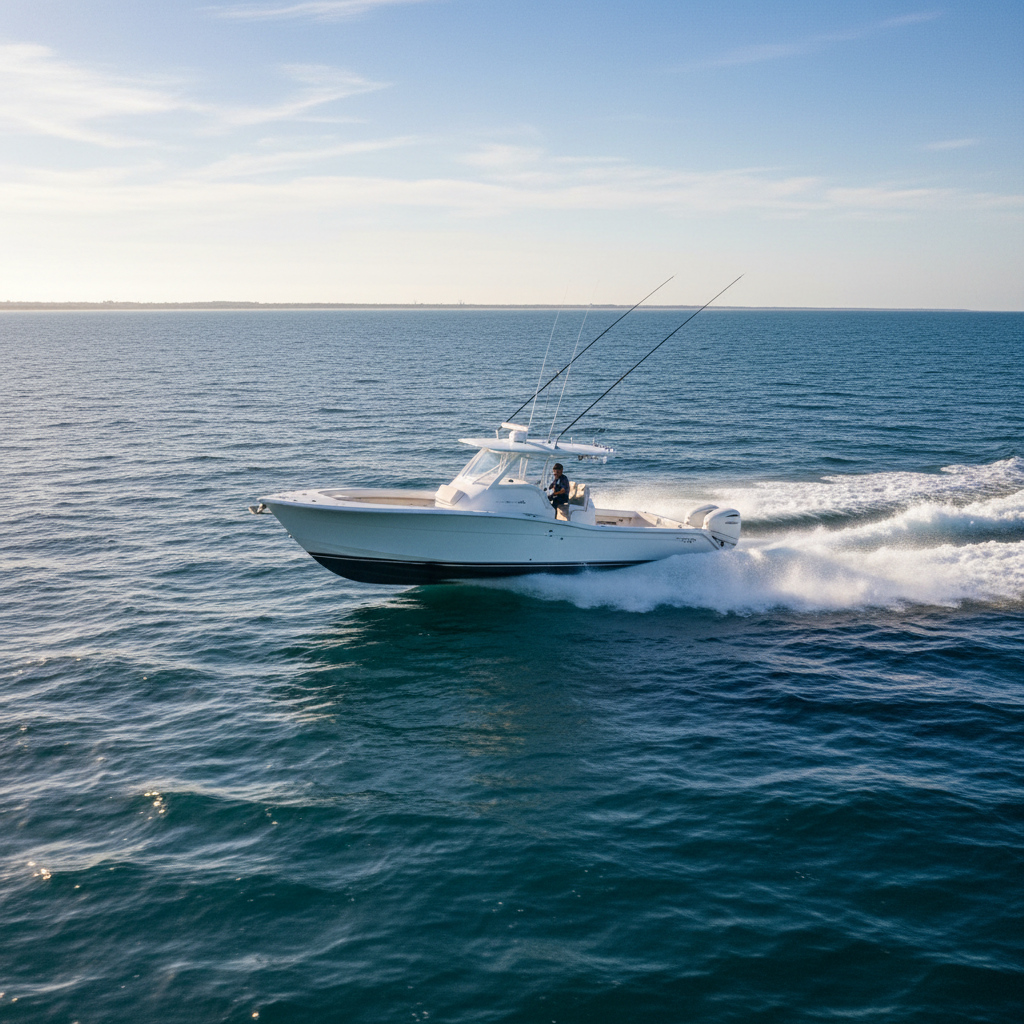 Grady-White offshore center console running at speed in blue Atlantic water, outriggers deployed