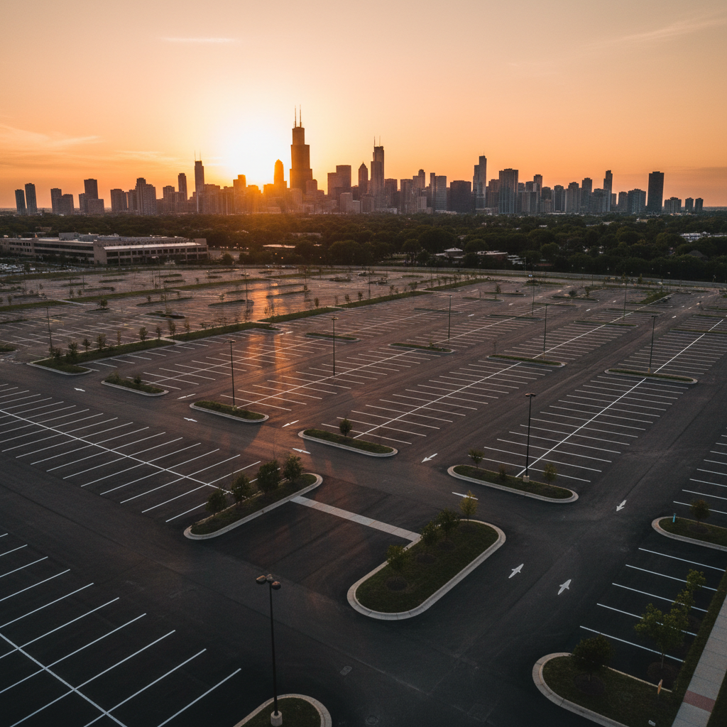 Aerial drone view of freshly paved commercial parking lot at twilight with Chicago skyline glowing amber on the horizon