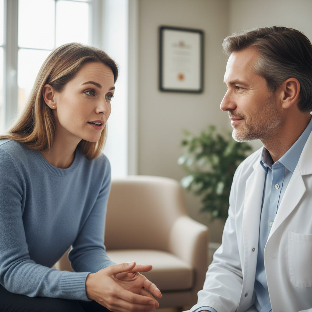 Person experiencing headache pain, medical consultation setting with compassionate physician