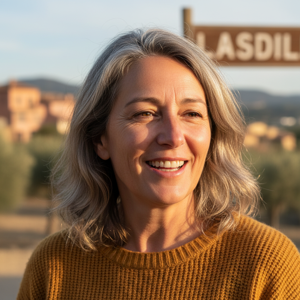 Smiling middle-aged woman with short grey hair outdoors in a bright garden setting