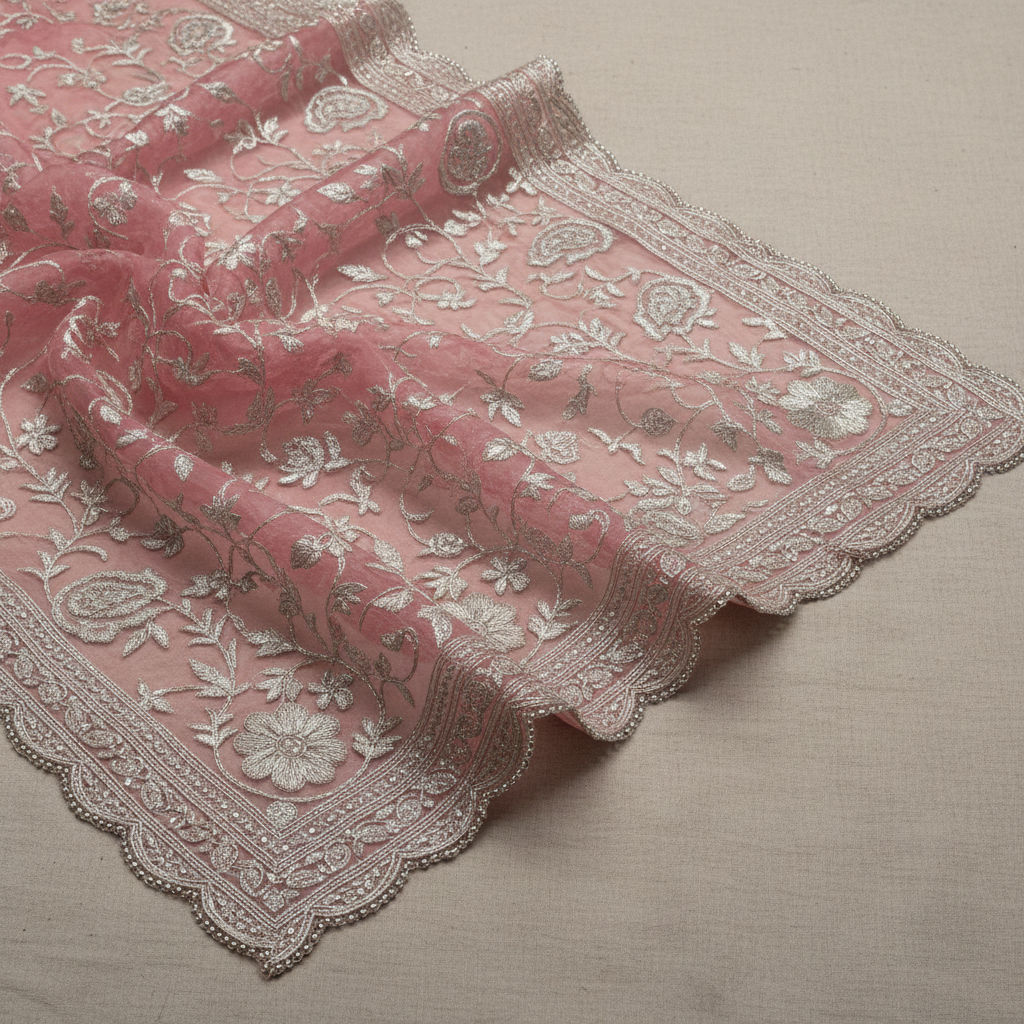 Sheer pink organza saree with silver thread embroidery, glamorous lighting