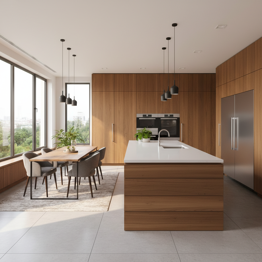 Modern kitchen with custom timber cabinetry, integrated appliances, bright airy interior