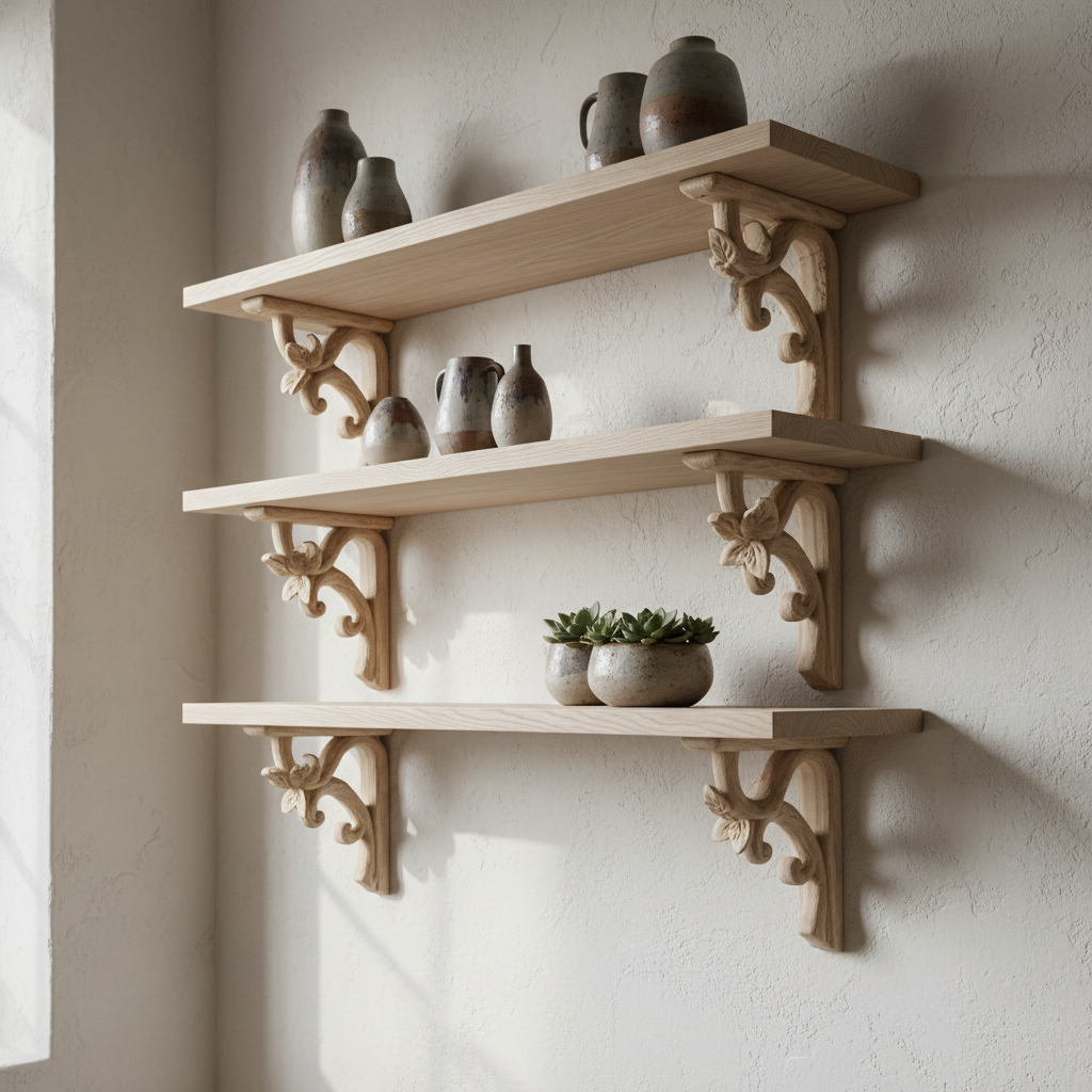 White oak floating shelves with hand-carved bracket details mounted on plaster wall