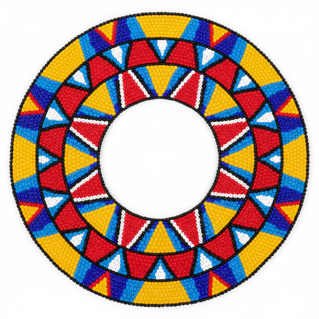Model in vibrant Ndebele-inspired traditional dress, bold geometric patterns, rich colors