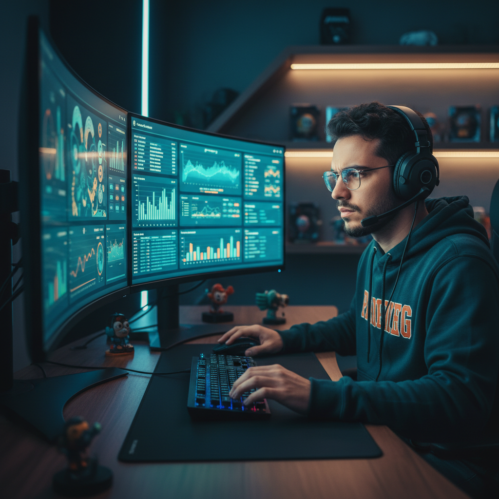 Filipino data analyst Ramon Garcia reviewing analytics dashboard on multiple monitors