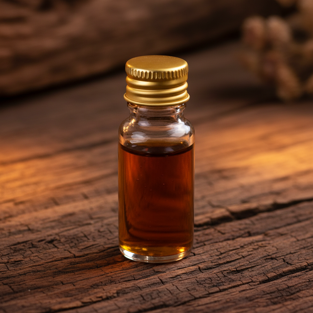 Dark amber Cambodian oud resin chips glistening with aromatic oils on a carved wooden surface