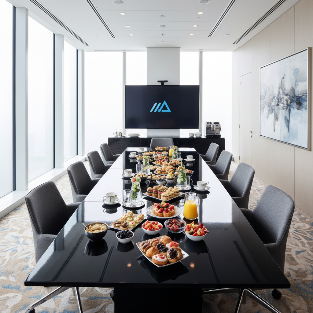 Professional corporate event catering with modern presentation and business guests in bright conference venue