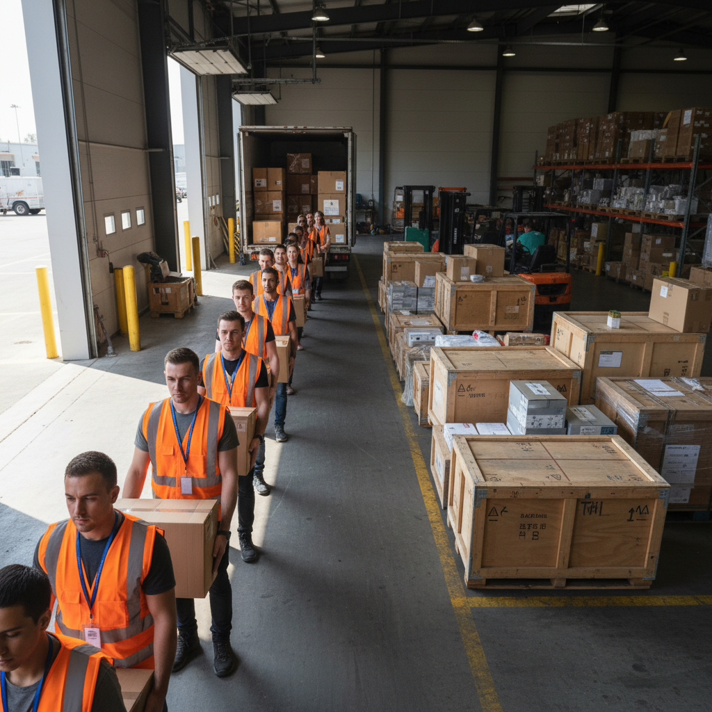 Warehouse workers loading cargo boxes onto a freight vessel at a loading dock
