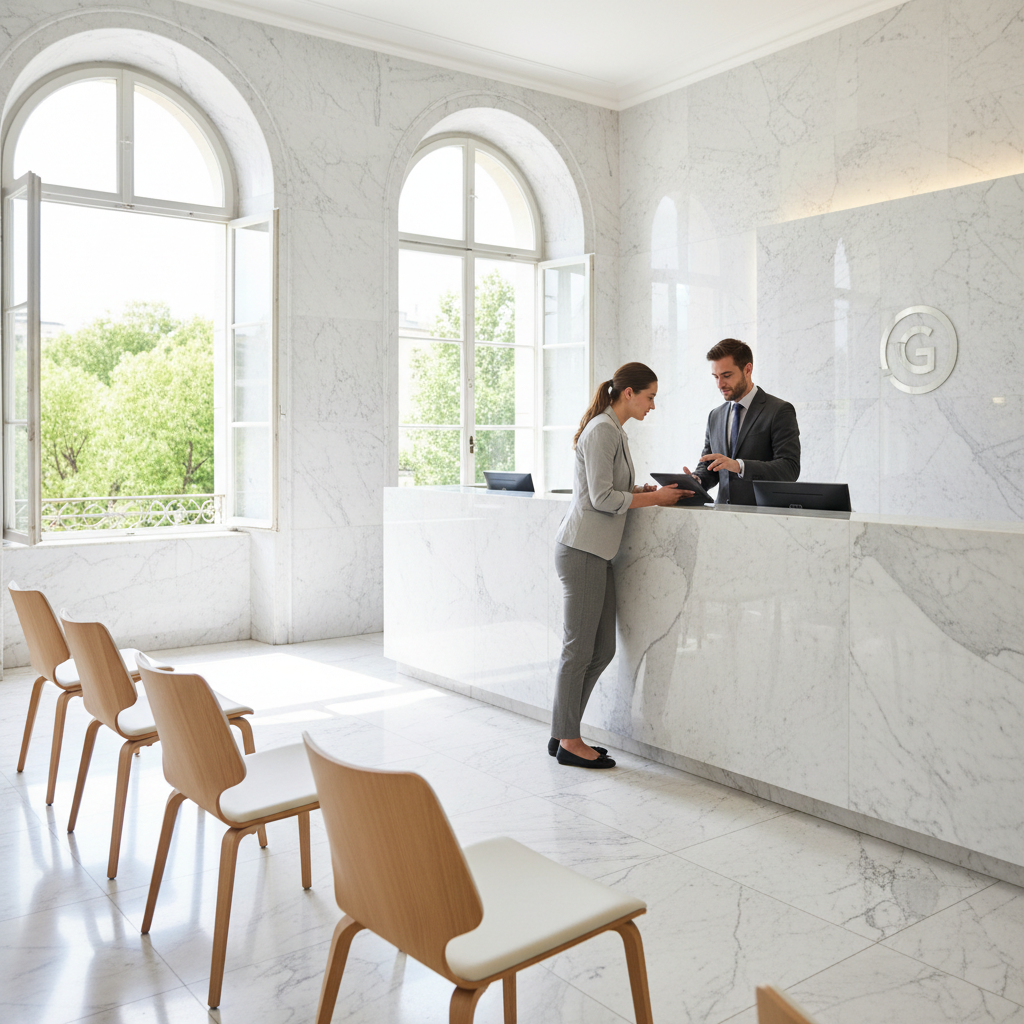 Bright modern banking office with glass walls, financial data screens, well-lit open workspace