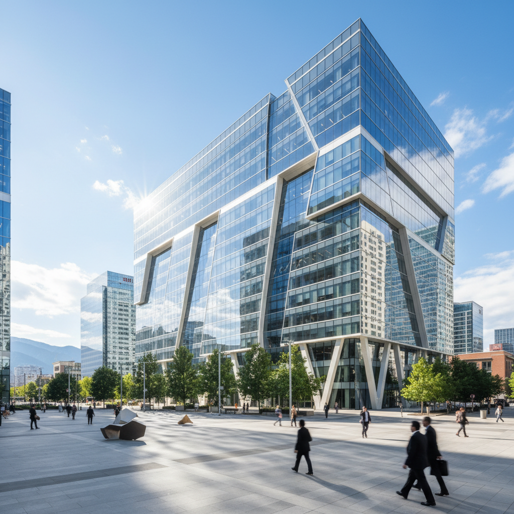 Modern glass office tower facade in bright daylight showing corporate business district environment