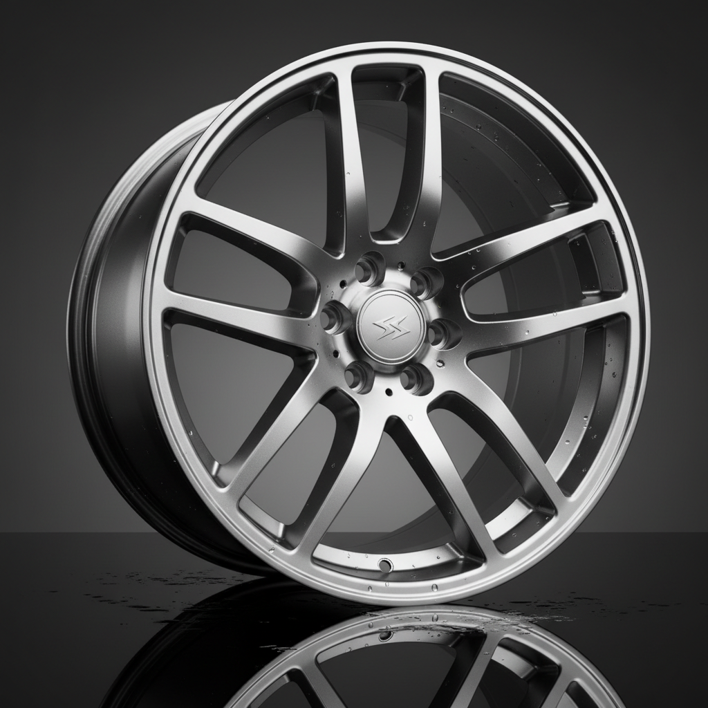 Shiny alloy wheel being cleaned with a brush outdoors, water droplets on the rim surface