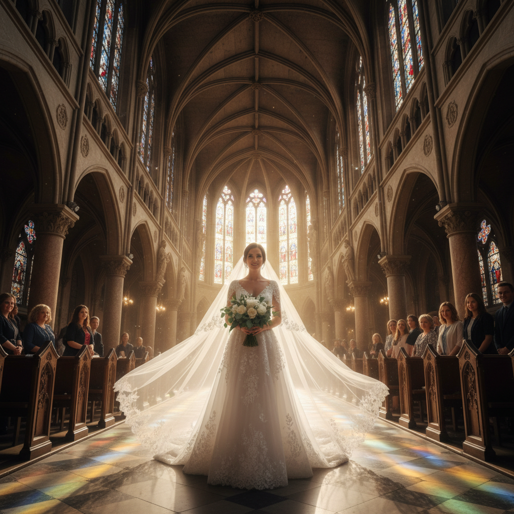 Bride in white gown, cathedral windows, golden light streaming through dark stone arches