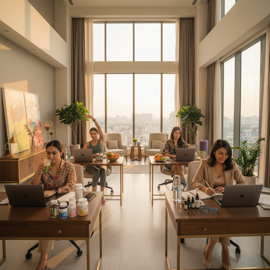 Ibu-ibu Indonesia sukses bersama bekerja dari rumah dengan laptop dan produk kesehatan