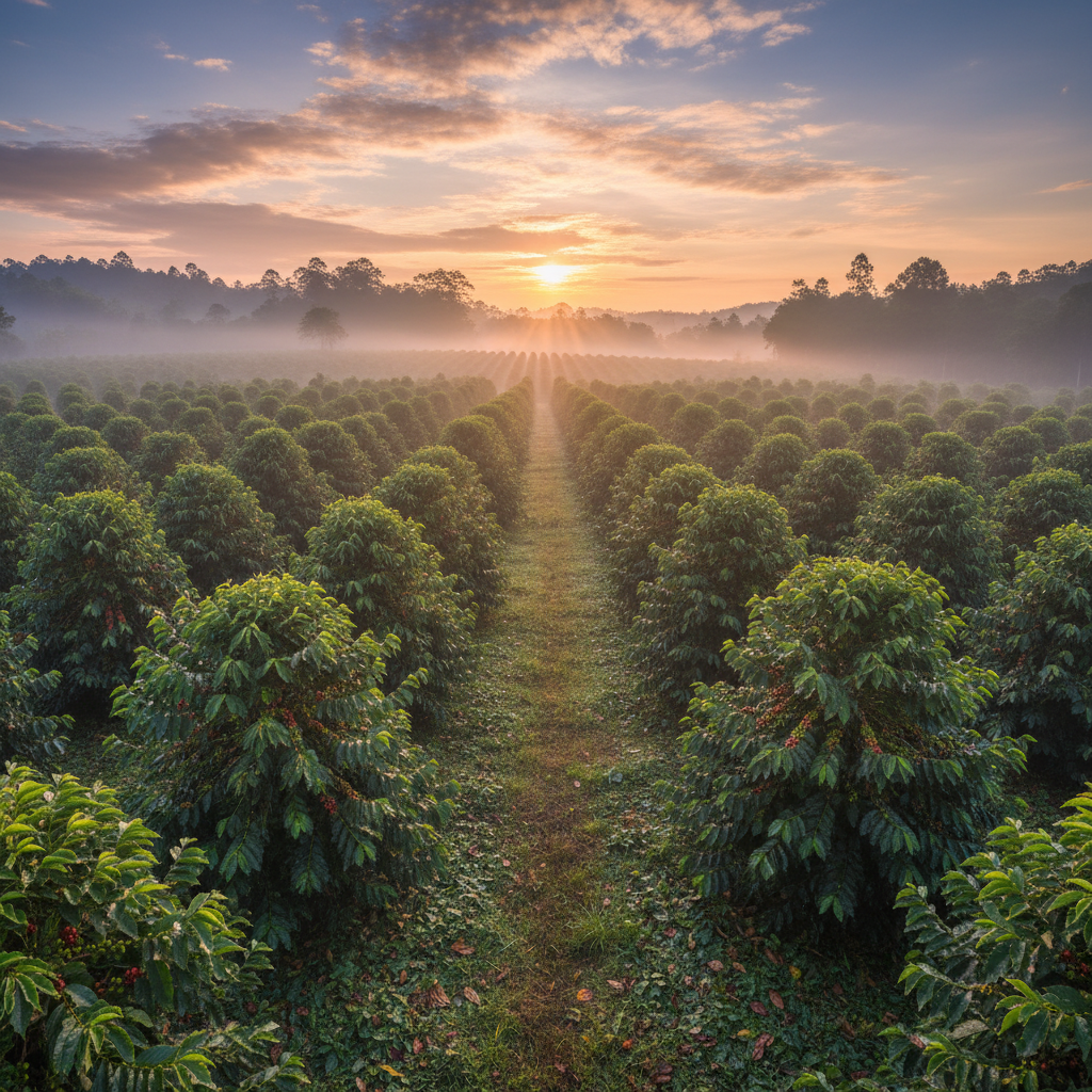 Misty coffee plantation in Coorg with red berries and green foliage