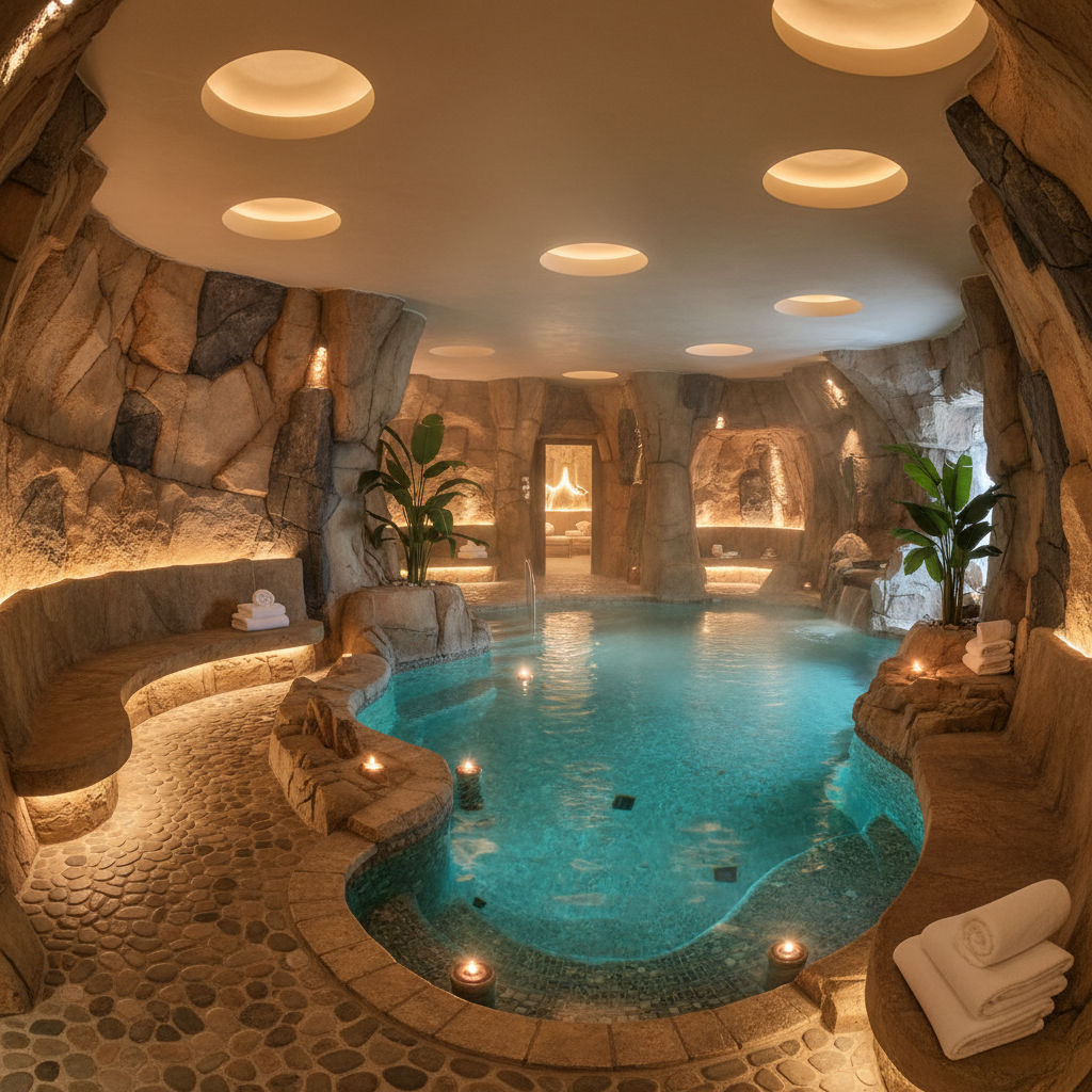 Spa interior with thermal mineral pool, soft amber candlelight, dark stone walls, misty water surface, deep shadows and luxury atmosphere