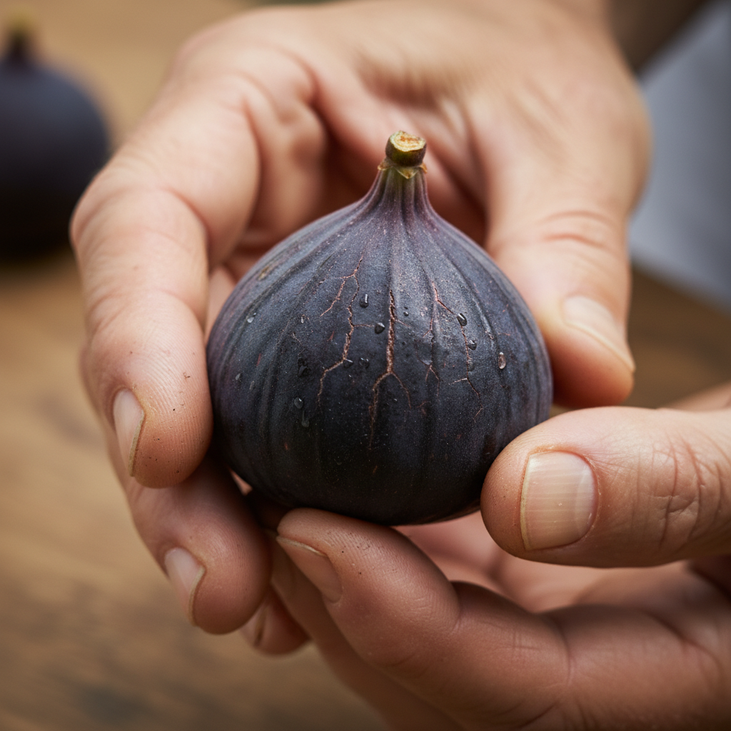 Close-up of weathered hands cupping a ripe Black Mission fig showing the crackle pattern of peak ripeness