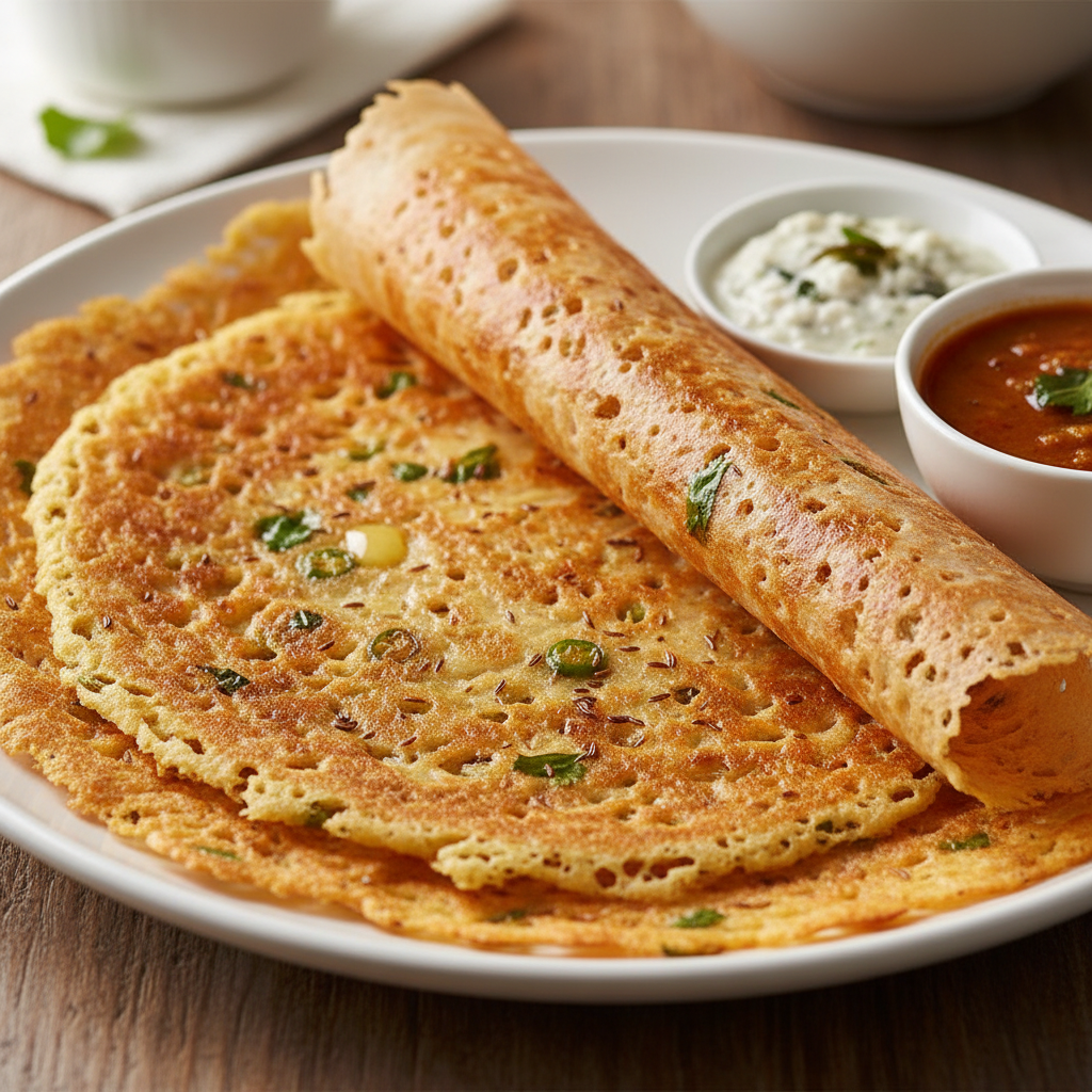 Rava dosa lacy semolina crepe on plate with chutney