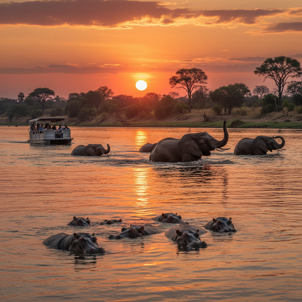Elephant herd at a waterhole in Chobe National Park Botswana