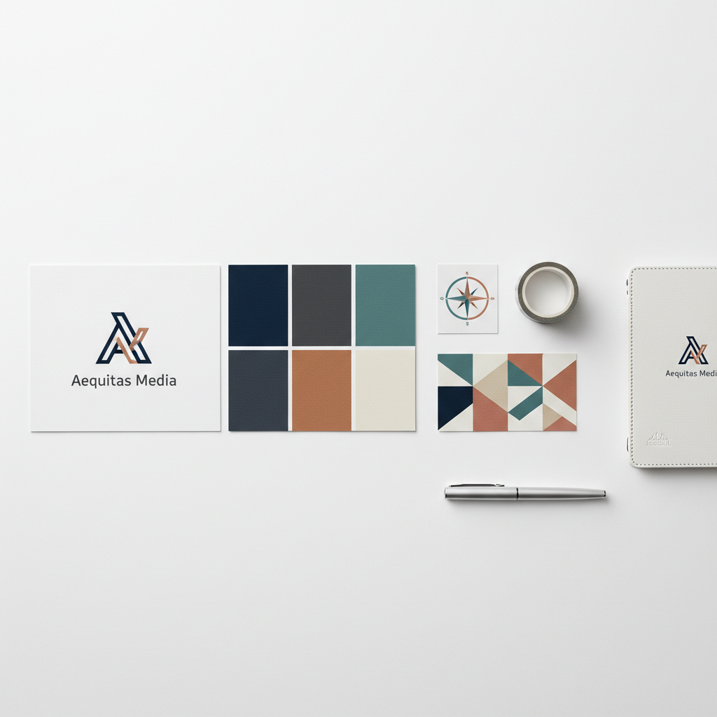 Colorful design tools and brand identity materials on bright white background